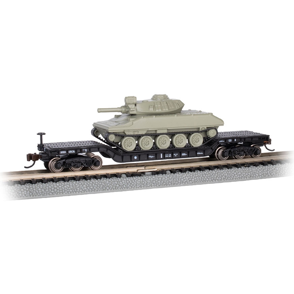 52' Center Depressed Flat Car - Black With Green Sheridan Tank