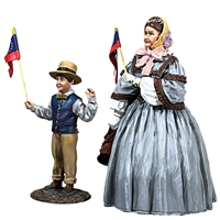 A Patriotic Family Mother and Son Waving Flags, Civil War Era